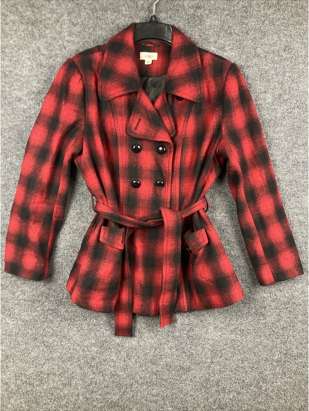 Cato Womens Large Red & Black Plaid L/S Belted Pea Jacket Coat